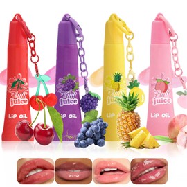 KTouler 4 Colors Hydrating Lip Gloss Keychain,Glossy Plumping Nude Fruit Flavored Lip Gloss for Girls,High Shine Finish Lip Jelly Liquid Lipstick for Women