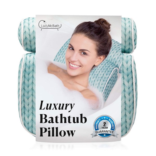 Lady McBath Bath Pillow - Luxury Bath Pillows for Tub Neck and Back Support - Powerful Suction Cups, Machine Washable Bathtub Accessory for Relaxation (Turquoise)