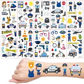 Police Tattoos for Children, 10 Sheets Police Car Temporary Tattoos, Children's Tattoo, Skin-Friendly, School Cone Filling, Party Bag Children's Birthday Party Bag