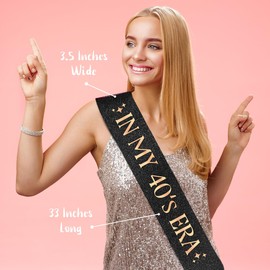 PartyForever in My 40’s Era Sash – Black Glitter Sash with Rose Gold Letters & Luxe Pearl Pin | 40th Birthday Sash for Women | Extra Long 33.5 Inch, Soft Back, Trendy Glam Gift