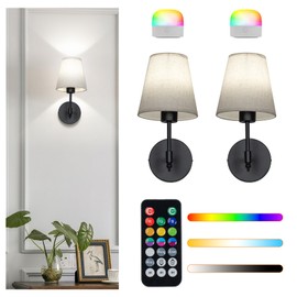 JackonLux Battery Powered Sconces Set of 2, Dimmable Wireless Wall Light with 2600 mAh RGBW Detachable Rechargeable Bulbs and Remote for Bedroom, Living Room and Hallway (Black, 16.5 Inch)