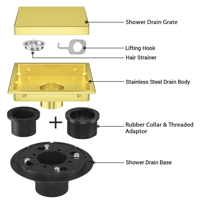 Bmvlffs 6 Inch Shower Drain Gold with Tile Insert Grate,