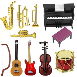 Miniature Accessories, Dollhouse Mini Musical Instrument Model Set, Miniature Dollhouse Set, 1:12 Piano Violin Electric Guitar Trumpet Saxophone Model Accessories for Dollhouse Mini Music Room