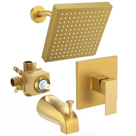 FROPO Brushed Gold Tub Shower Faucet Set With Valve, 8-Inch Square Gold Shower Head and Tub Faucet Set, Shower Faucet Set With Rain shower Head and Tub Spout, High-Pressure Tub Shower Trim Kit