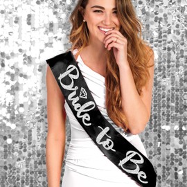 Bride Sash and Crown - SET OF 2: Silver Sparkle Diamond Bride to Be Black PREMIUM BRIDAL GRADE SATIN Sash & Silver Diamond Bride Headband - Bachelorette Party Outfit Ideas - HBSash(SlvDiaBrd) BLK