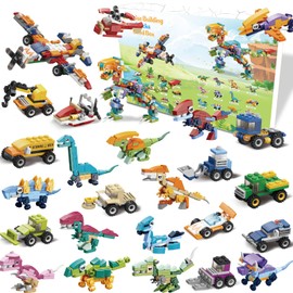 Advent Calendar, 24 Countdown for Kids Toys Dinosaurs Racing Cars Building Kit Compatible, 12 in 1 Big Kids Gifts Building Blocks for Boys Girls