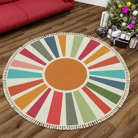 Round Boho Nursery Rug 4 ft Retro Sun Ray Small Circle Rug Non-Slip Carpet Cute Colorful Rainbow Rug Washable Floor Mat for Kids Room Bedroom Dorm Preschool Classroom Playroom Bathroom