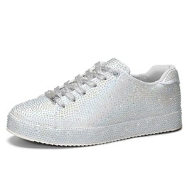 LUCKY STEP Rhinestone Fashion Sneakers | Sparkly Bling Wedding Bridal Shiny Shoes for Women(Silver Rhinestone,6 B(M) US)