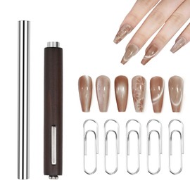 YECERALA 2 PCS Nail Magnets With 5 Pcs Paperclips For Nail Art Cat Eye Designs, 3 In 1 Brown Cat Eye Magnets And Silver Cylinder 2 Way Magnet Pen For Nails, Flower Heart Cat Eye Nail Art Tools