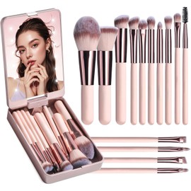 Set de viaje de brochas de maquillaje: 14 brochas de cerdas suaves espejo, luz LED y estuche portátil
