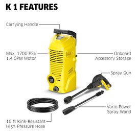 Kärcher Pressure Washer K 1, Max 1.45 GPM, 1700 PSI, Trigger Spray Gun & Vario Power Spray Wand - for Cars, Bikes, Deck, Driveways, Siding, Patios