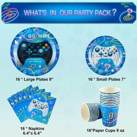 WERNNSAI Video Game Party - 64-Piece Gamer Birthday Party Decoration Set for Boys Gaming Evening Tableware Set Ess Dessert Plates Napkins for 16 Guests Game Party Supplies Set