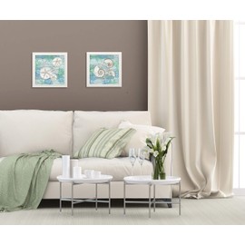 Gango Home Decor Coastal Watercolor Beach Decor | Blue, Green & Cream Shell, Sand Dollar & Starfish Nautical by Paul Brent (Ready to Hang); Two 12x12in White Framed Prints