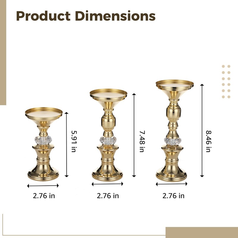 3 Pcs Gold Pillar Candle Holders Set, Elegant Metal Crystal