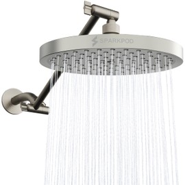 SparkPod Round Rain Shower Head with Shower Head Extension Arm - High Pressure Rain - Luxury Modern Look - No Hassle Tool-less 1-Min Installation (11" Shower Arm Extension, Elegant Brushed Nickel)
