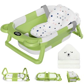 MoreFeel Collapsible Baby Bathtub for Newborn with Thermometer & 1 Hooded Towel & 1 Soft Floating Cushion,Portable Travel Bathtub with Drain Hole, Durable Foldable Baby Tubs for Infants to Toddler
