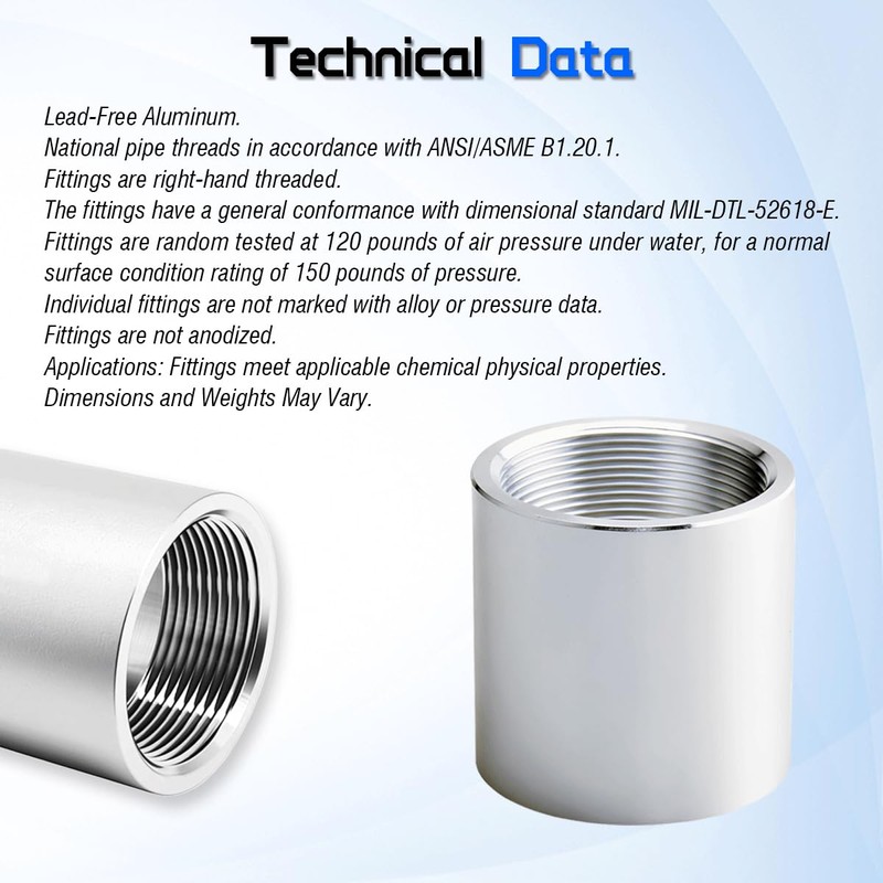1-1/2" NPT Right-hand Threaded Full Coupling, Aluminum 6061-T6 Schedule 40,