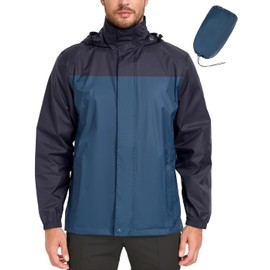 MANSDOUR Men's Packable Rain Jacket Lightweight Waterproof Rain Shell Jacket Raincoat with Hood Outdoor Windbreker Cycling Golf Hiking Reflective Running Raincoat Travel Trench Raincoats Blue Grey