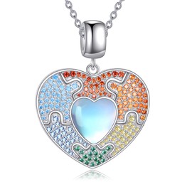 CRMAD Autism Awareness Necklace Sterling Silver Autism Puzzle Piece Moonstone Pendant Necklace ASD Autism Jewelry For Women Inspirational Autism Awareness Gifts