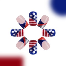 Independence Day Press on Nails America Flag Fake Nails Short Square False Nails Glossy Glue on Nails Glitter Star Acrylic Full Cover Stick on Nail for Women 4th of July Nail Decoration 24Pcs