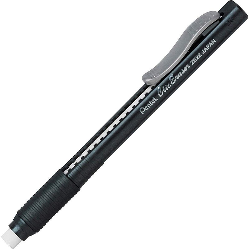 Pentel Clic Eraser, Retractable, Pocket Clip, Rubber Grip, Black Barrel