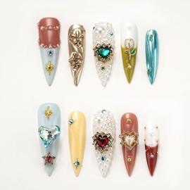 FORBELOVED NAILS|Shiny Colorful Gems,Heart Love,Flower Decorations,Luxury Handmade Press On Nails|Long Stiletto Stick On Nails|Pearls False Nails For Women And Girls|10Pcs/Set With Glue|(Yellow-M)|FOB