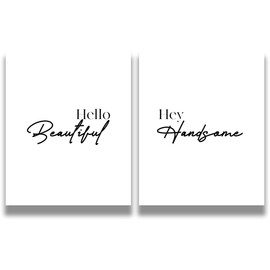 Hello Beautiful, Hey Handsome Wall Art Prints (Set of 2) - Master Bedroom Decor for Couples - Boho Wall Prints - Minimalist Wall Art - Anniversary and Wedding Gifts - 11x14 unframed prints