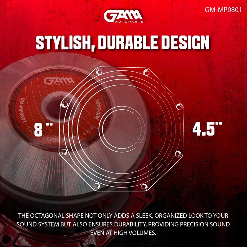 GAMA AUTOPARTS 8" High-Performance Midrange Octagonal Speaker - 1200W Max,