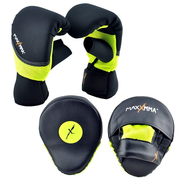MaxxMMA Boxing MMA Training Kit - Pro Punch Mitts + Washable Neoprene Bag Gloves (Black/Neon, L/XL)