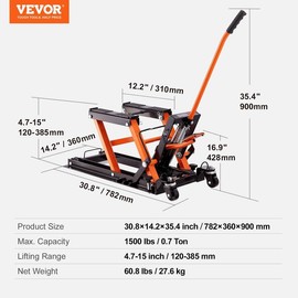 VEVOR Hydraulic Motorcycle Jack Stand, 1500 LBS ATV Scissor Lift Jack, 4.7"-15" Scissor Lift Jack Stand with 4 Wheels, Hydraulic Foot-Operated Hoist Stand for Motorcycle ATV UTV Powersports:_1100 lbs with 4 Wheels