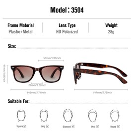 TIANYESY Square Polarised Sunglasses for Men Women UV Protection Unisex Retro Sunglasses Man for Driving Hiking Fishing Sports (Tortoise frame/tea lens)