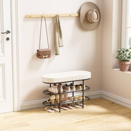 TinyTimes 3-Tier Shoe Bench, Heavy Duty Shoe Rack Bench, Shoe Organizer Shelf, Ideal for Entryway, Living Room, Soft Cushion with Leathe,Holds Up to 400 lbs -White, 32"