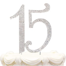 Hatcher lee Quinceanera Happy 15 - Decoración para Tarta para 15 años de cumpleaños o 15 años, para Boda, Aniversario, Plata y Cristales Decorativos (Plata)