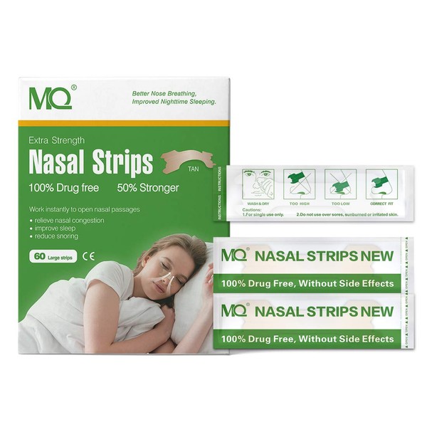 MQ 60 ct Better Breathe Nasal Strips to Reduce Snoring, Drug-Free, Works Instantly to Improve Sleep, Relieve Nasal Congestion Due to Colds & Allergies