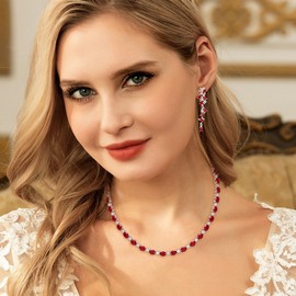 EVER FAITH Wedding Women's Jewelry Set for Bride Bridesmaid,Bridal Full Cubic Zirconia Costume Prom Party Necklace Dangle Earrings Set Red Silver-Tone