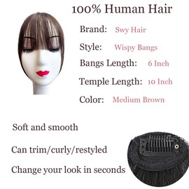 Bangs Hair Clip in Bangs 100% Real Human Hair Extensions Wispy Bangs Clip on Air Bangs for Women Hairpieces Curved Bangs for Daily Wear (A-Medium Brown, Wispy Bangs)