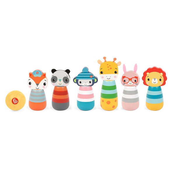 Fisher Price - Wooden Character Skittles – 6 Animal Designed Pins for Bowling Playtime – Interactive Physical Activity for Hand-Eye Coordination Skills - FSC Certified for Kids 3 Years and Up