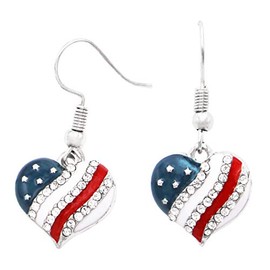 Rosemarie & Jubalee Women's USA Flag Red White And Blue Rhinestone Crystal Patriotic Heart Earrings (Wire Hook Heart, 1.25")