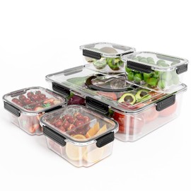 LOTKEY 5 Pack Fruit Storage Containers for Fridge, Divided Serving Tray with Lid and Handle Portable Snack Box Container BPA-Free Fridge Organizer Bins for Fruit, Veggie, Snack, Nuts