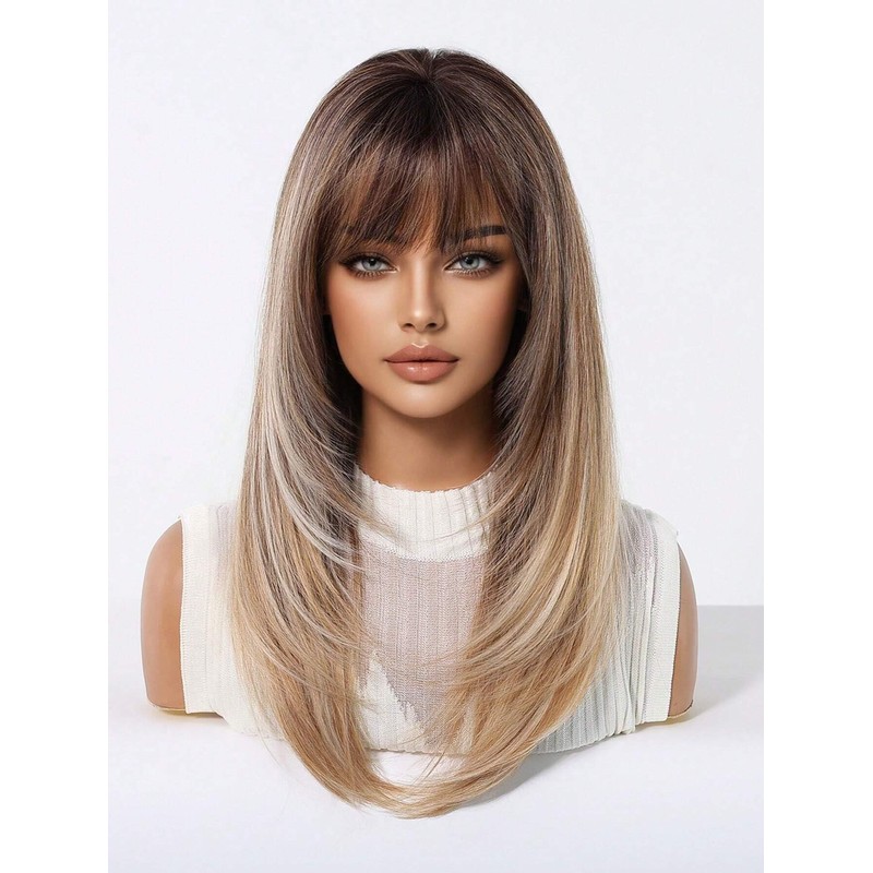 Peluca Sintética Elegant Blonde Wig 150% With Bangs Straight Layered