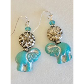 Turquoise Blue Silver Elephant Earrings, Czech Premium Glass Beads, Silver Mercury Czech Glass, Elephant Jewelry, Animal Lover, Wildlife Jewelry.