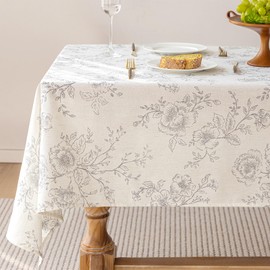Meikelor Floral Linen Table Cloth 55 x 84 inch Rustic Vintage Farmhouse Tablecloth Gray Pattern Printed on Cream Linen Tablecloth Rectangle Burlap Textured Fabric Table Cover Home Decor Holiday