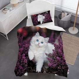 HOMHOMHA White Cat Duvet Cover Set Single Size for Kids Adults,Elegant Cat Among the Purple Flowers Bedding Duvet Cover Cat Themed Bedspread,135X200cm(Single)