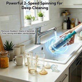 ESFC Electric Bottle Brush Set, 6-in-1 Electric Cleaning Brush with Waterproof Silicone Cleaner, 3 Replaceable Brush Heads, Straw Brush & Extension Rod, for Baby Feeding Supplies and Kitchen Utensils