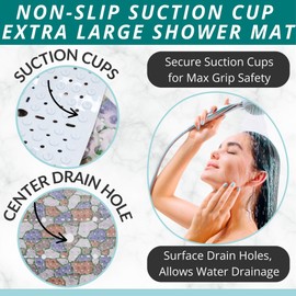 ENKOSI Square Shower Mat 27x27 inch - Anti Slip Shower Stall Floor Mat - Non Slip Shower Mats with Strong Secure Suction Cups and Drain Holes in Middle (27x27 Stone Path)