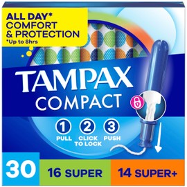 Tampax Compact Pearl Tampons for Women Multipack, with LeakGuard Braid & Extendable Applicator, Super/Super Plus Absorbency, Compact Extendable Applicator, Unscented, 30 Count