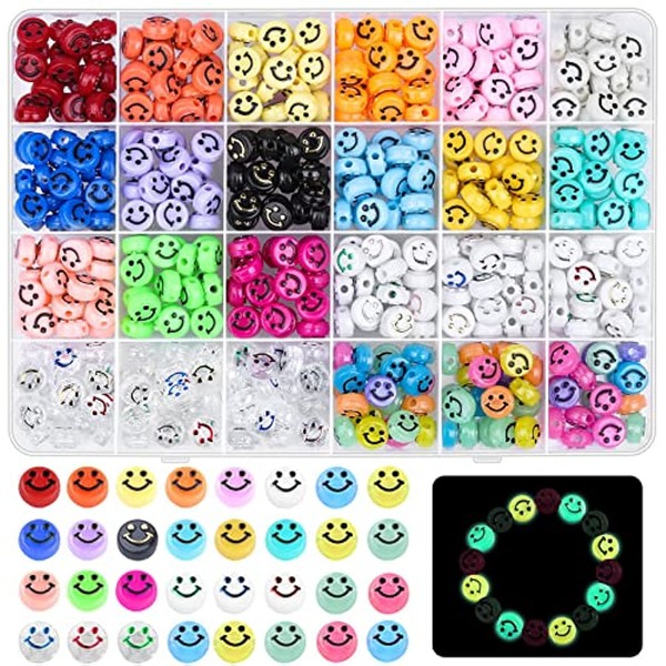 Pack of 480 Smiley Beads, Caffox Colourful Acrylic Light Beads, DIY Craft Beads for Threading, Jewellery, Crafts, Accessories for Bracelets, Earrings, Necklaces, Gifts