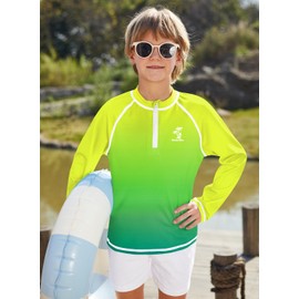 BesserBay Boys' Long-Sleeved Stand-Up Collar UV Shirt 1/4 Zip Rash Guard UPF 50+ Children 110-150, Yellow & Green