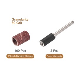 sourcing map 100 Pcs 1/4 Inch Sanding Sleeves Sandpaper Set 80 Grit with 2 Pcs 1/8 Inch Drum Mandrels for Rotary Tools