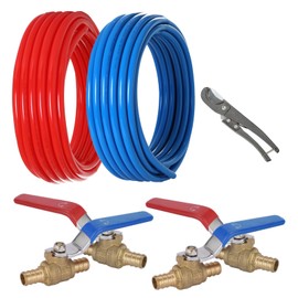 GUOFIS 1/2 Inch PEX-B Pipe, 200ft Length, Blue & Red, with 4 Pcs 1/2" Barb PEX Shut Off Ball Valves and Pipe Cutter, Potable Water-for Hot/Cold Water